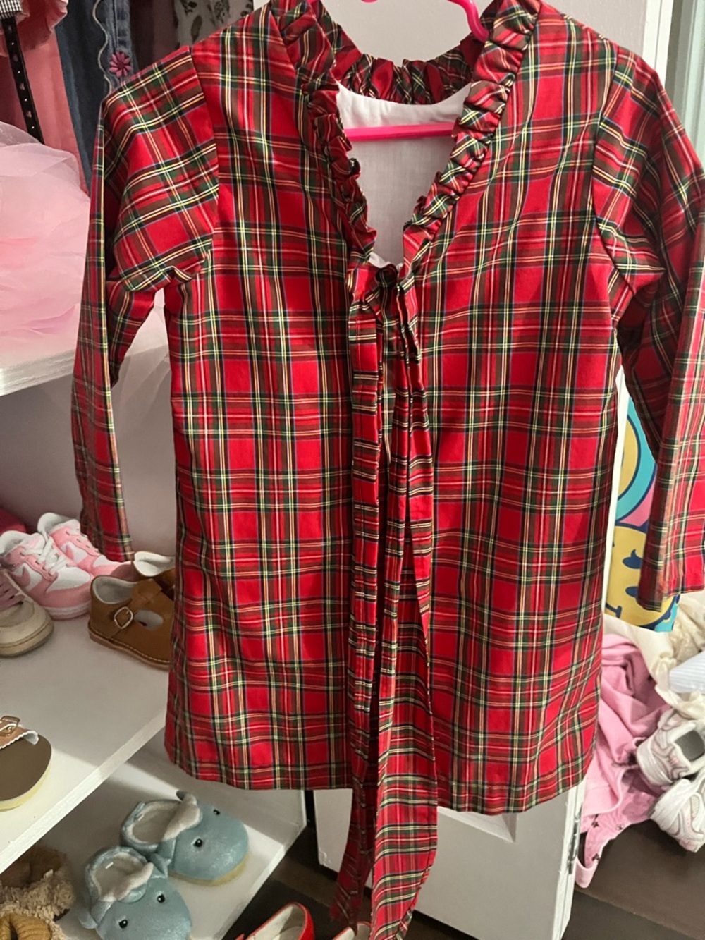 Girls Red Plaid Ruffle Neck Dress - Picture 2 of 4